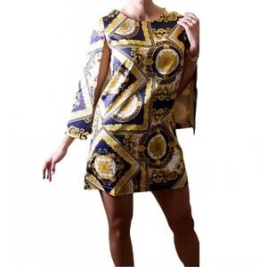 NEW OVI FASHION renaissance print cape dress in navy
